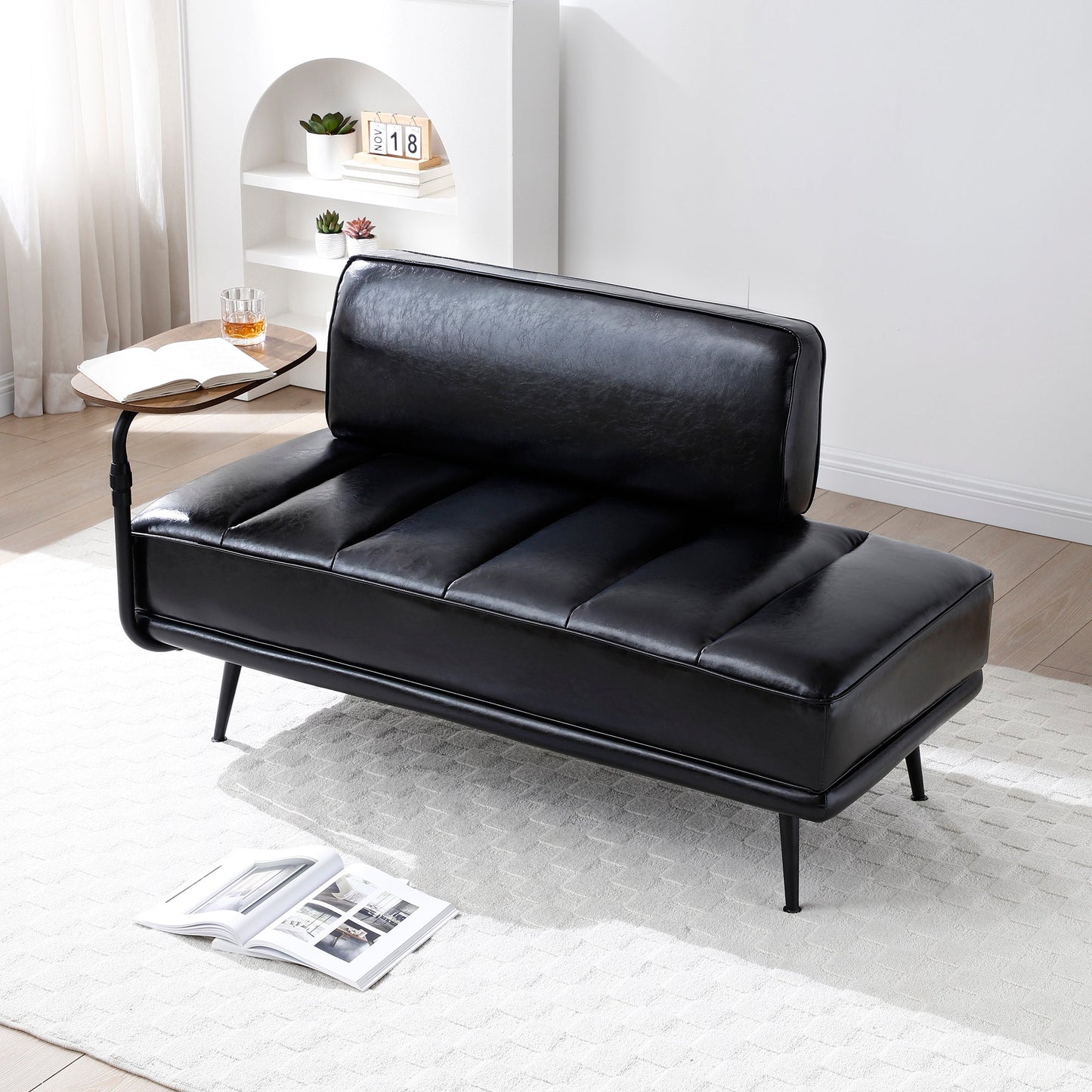 NEW 55' Modern Upholstered Black Faux Leather Bench