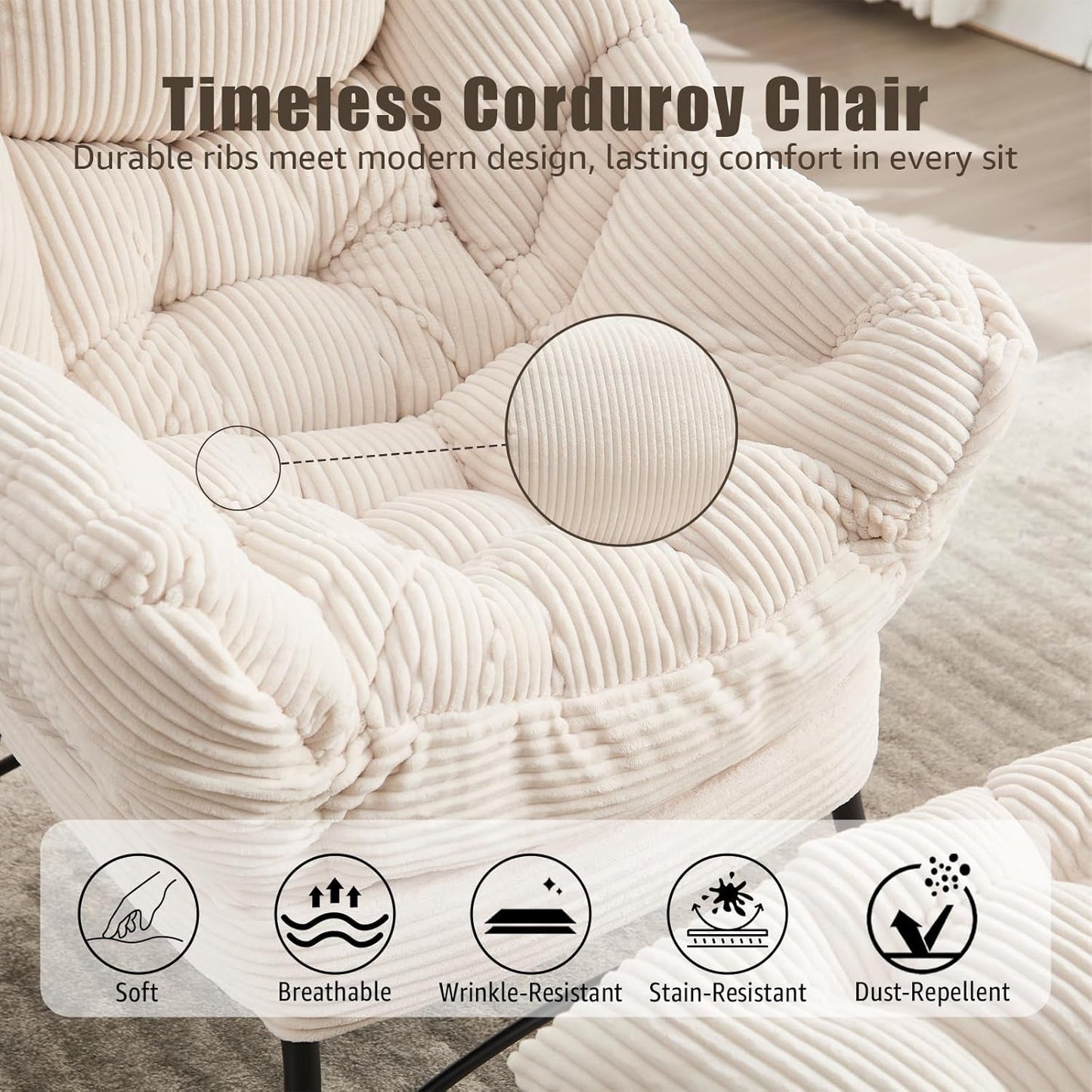 NEW Large Corduroy White Armchair With Ottoman Footrest