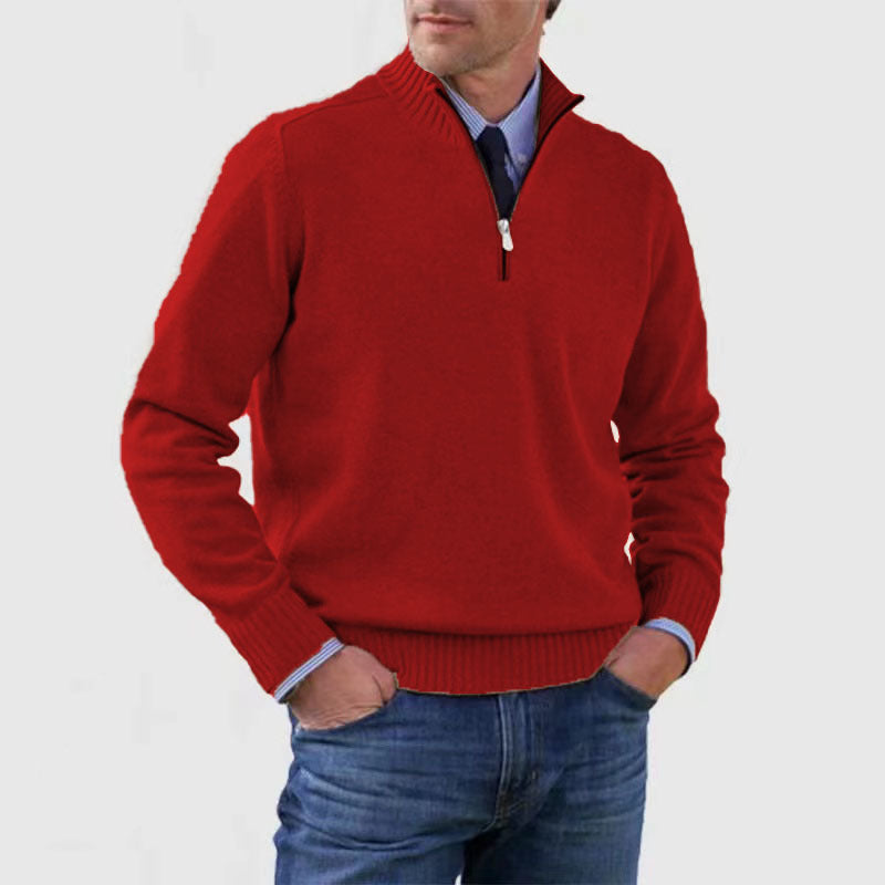 New Men's Stand Collar Zipper Sweater Winter Fashion Solid Color Long Sleeve Knitted Top Clothing