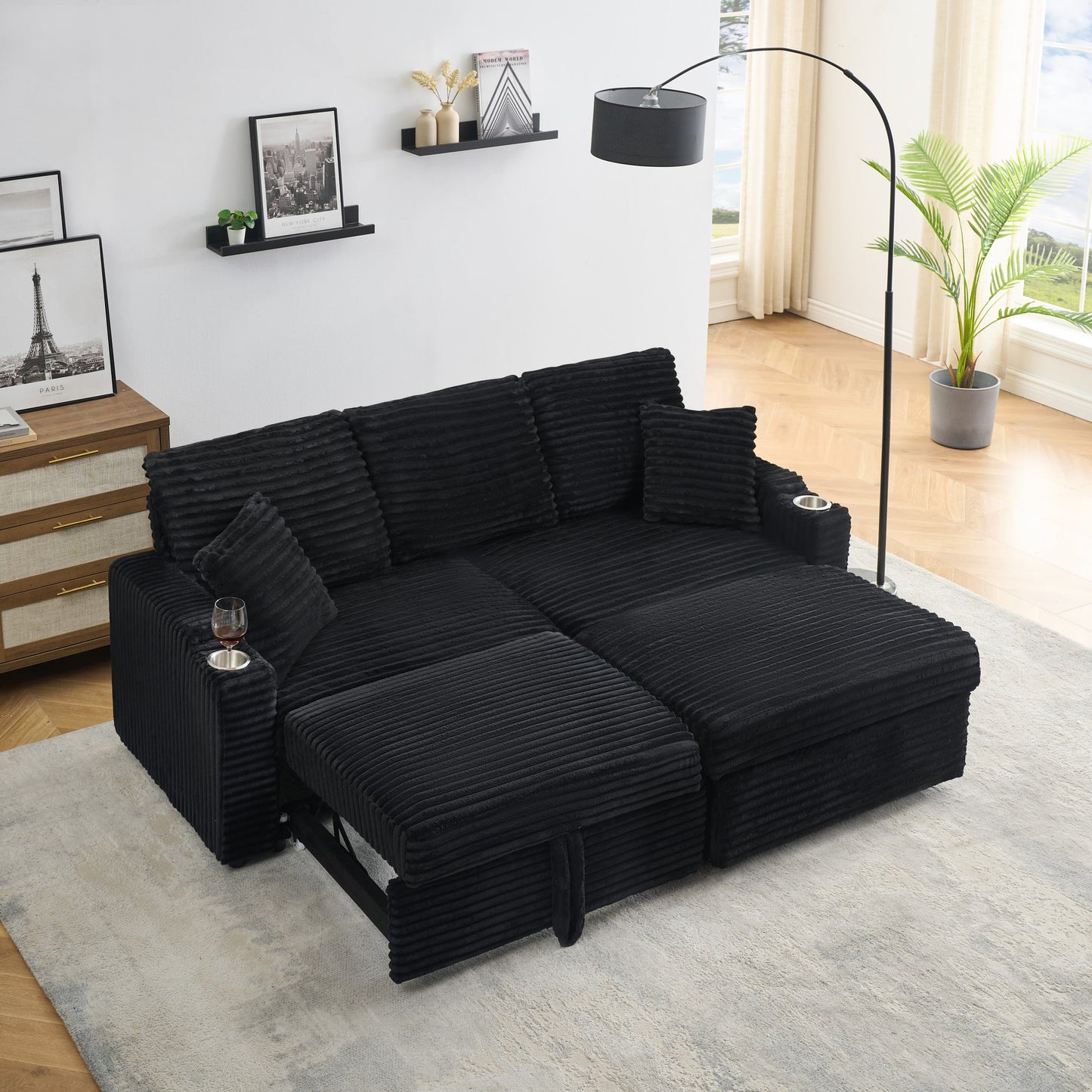 NEW 80' Corduroy Multi-Function Sofa with Hidden Reclining, Space Saving Design, Armrests, Cup Holders and Removable Footstool, Black