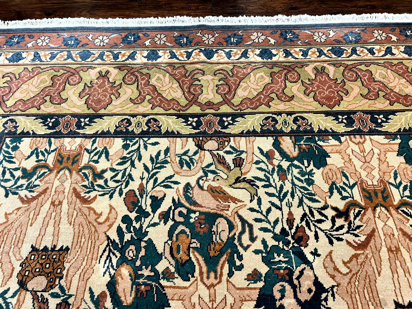 USED 10x13 Wool Rug, Floral Pattern, Birds, Handmade Vintage Carpet, Couristan Rug, Beige