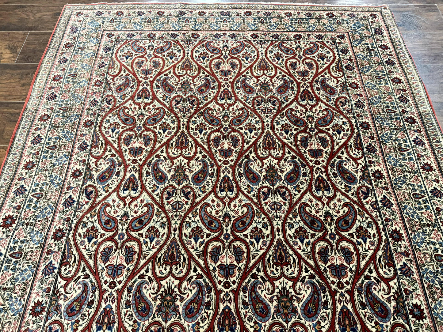 USED Unique Persian Qum Rug 5x7, Repeated Paisely Boteh Design, Ivory Red Blue, Handmade Antique Wool Persian Carpet, Finely Hand Knotted