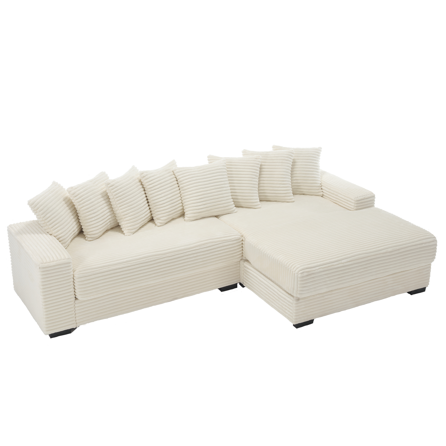 NEW Beige Corduroy Oversized Two-Piece L Shaped Sofa Couch (Right Chaise Daybed Corner with Armrests and Eight Throw Pillows