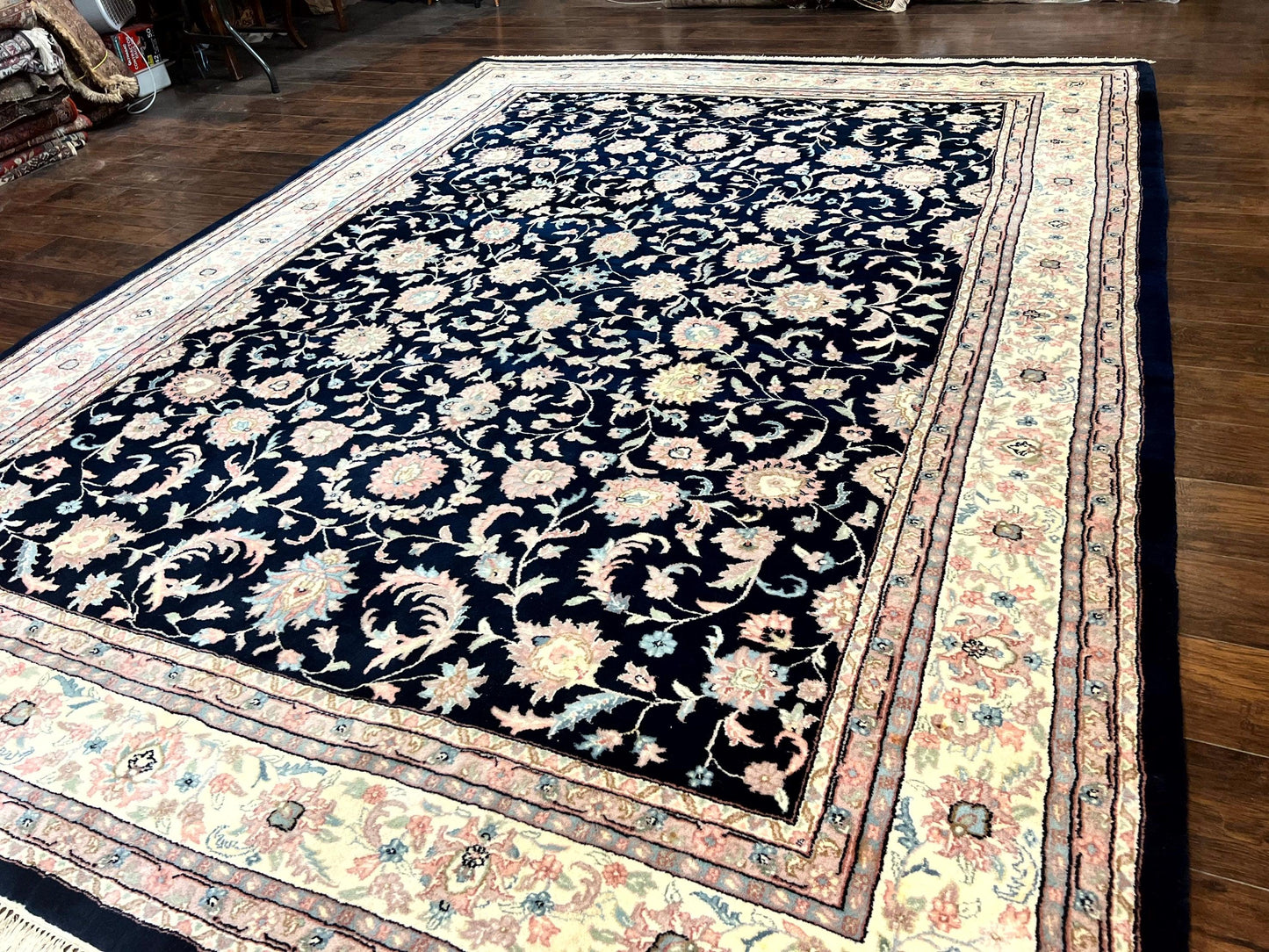 USED Indo Persian Rug 9x12, Navy Blue and Ivory/Cream, Floral Allover, Wool Vintage Handmade Carpet