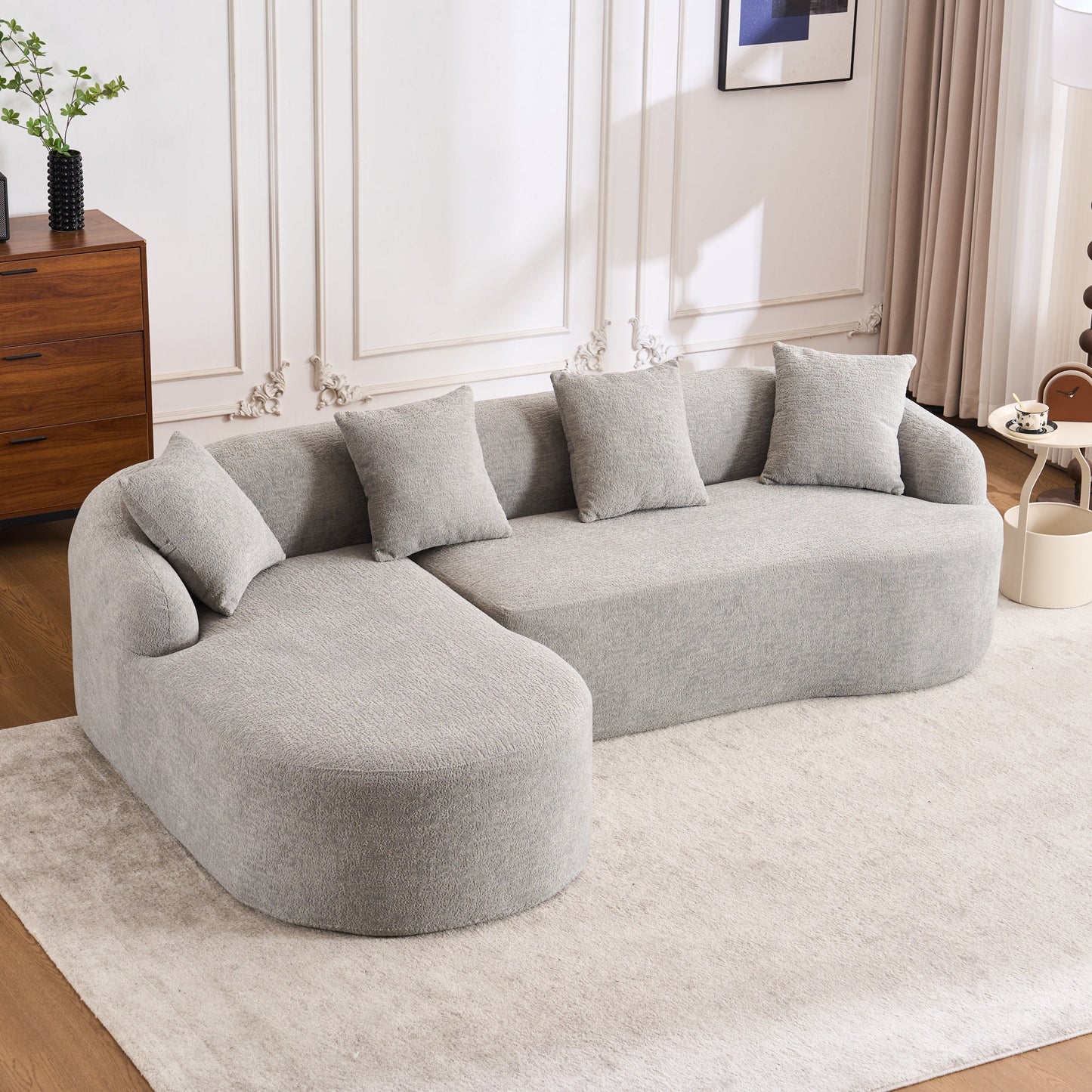 NEW Boneless Minimalist Curved Chaise Grey Chenille Compression Modular L-Shape Sectional Sofa Sleeper Couch with 30D High-Density Foam