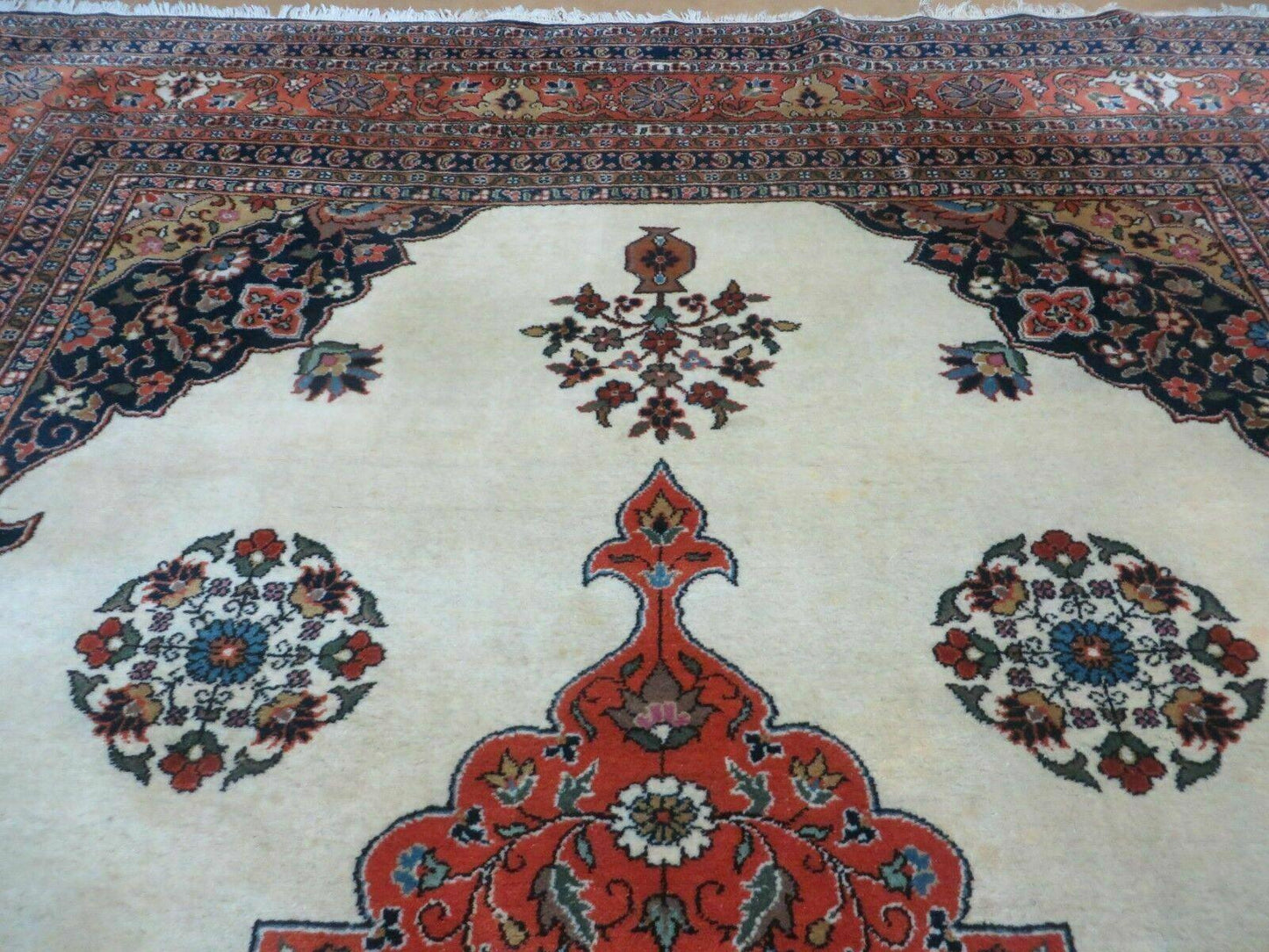 USED Indo Persian Rug 9x12, Semi Open Field Medallion, Ivory Tomato Red Navy Blue, Hand Knotted Indian Oriental Wool Carpet 9 x 12 ft, Room Sized
