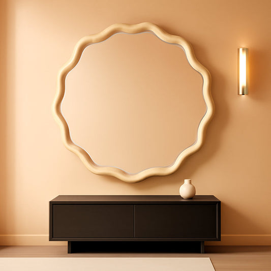 NEW Round Wood Wall Mirror 24 Inch Shatterproof Glass Mounted