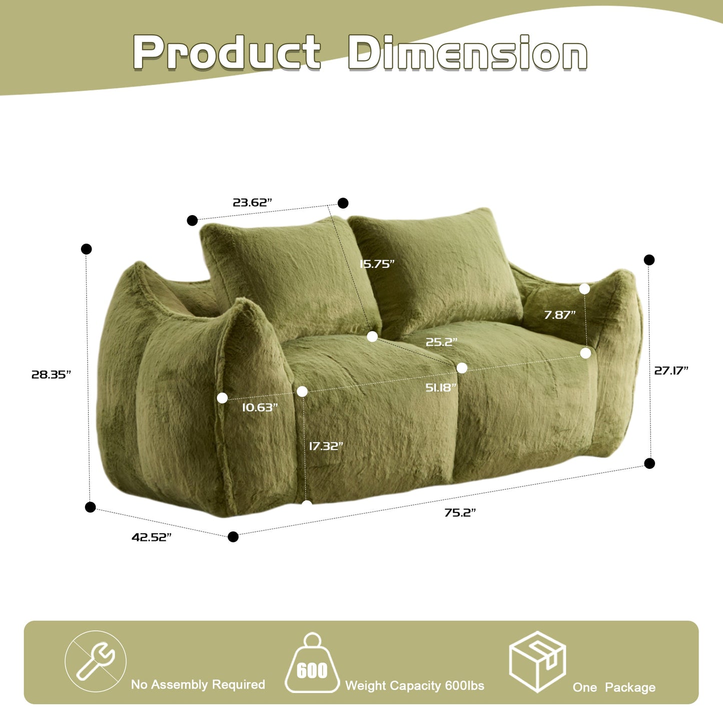NEW Adult Green Giant Bean Bag Sofa Couch for Adults, Ultra Soft Fluffy Loveseat Bean Bag Sofa Oversized Lounge Cozy Reading Chair with Pillows