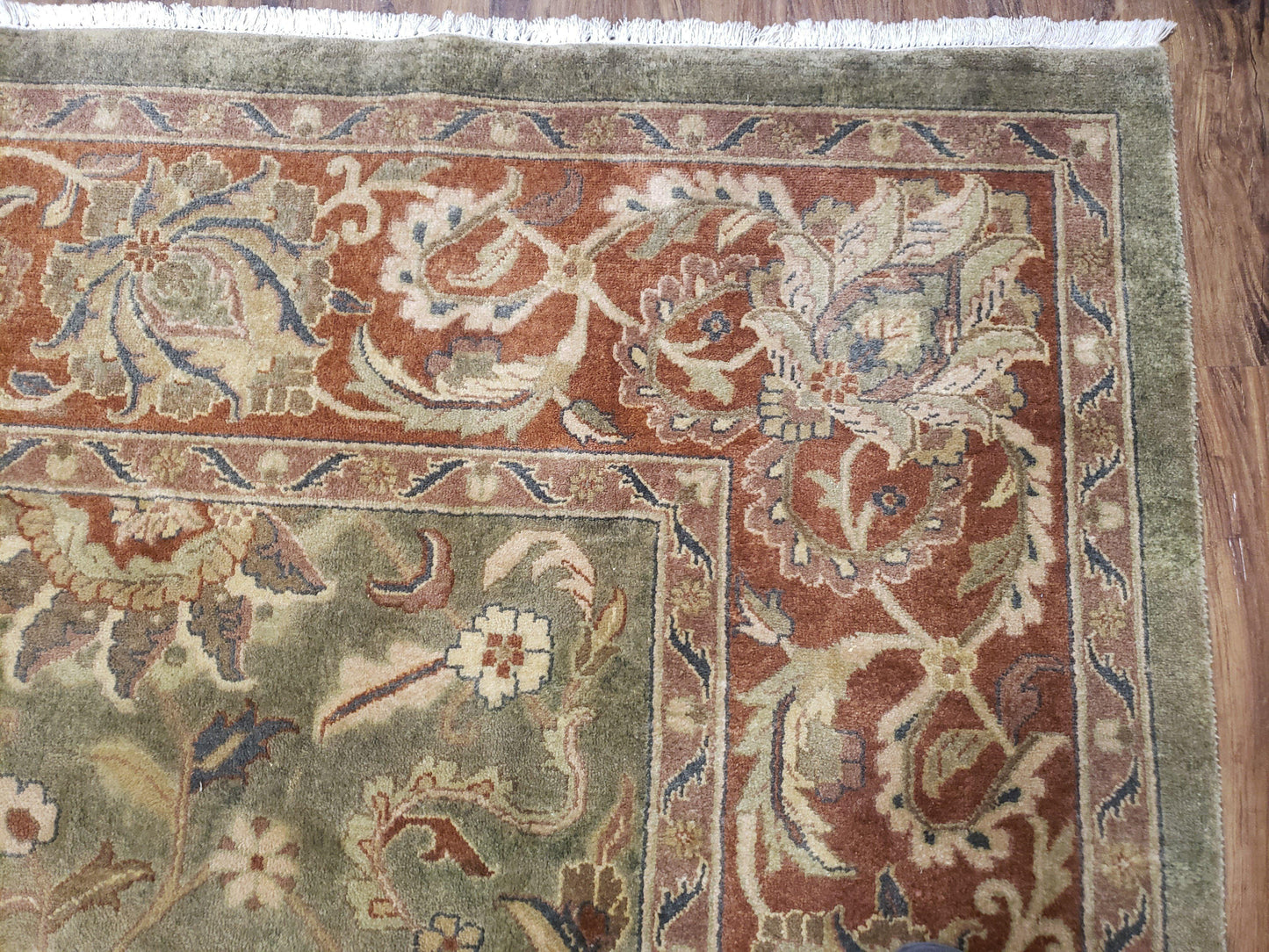 USED Vintage Indo Mahal Area Rug 9x12, Wool Hand-Knotted Laurel Green & Auburn Indian Carpet, 9 x 12 Floral Carpet, Living Room Rug