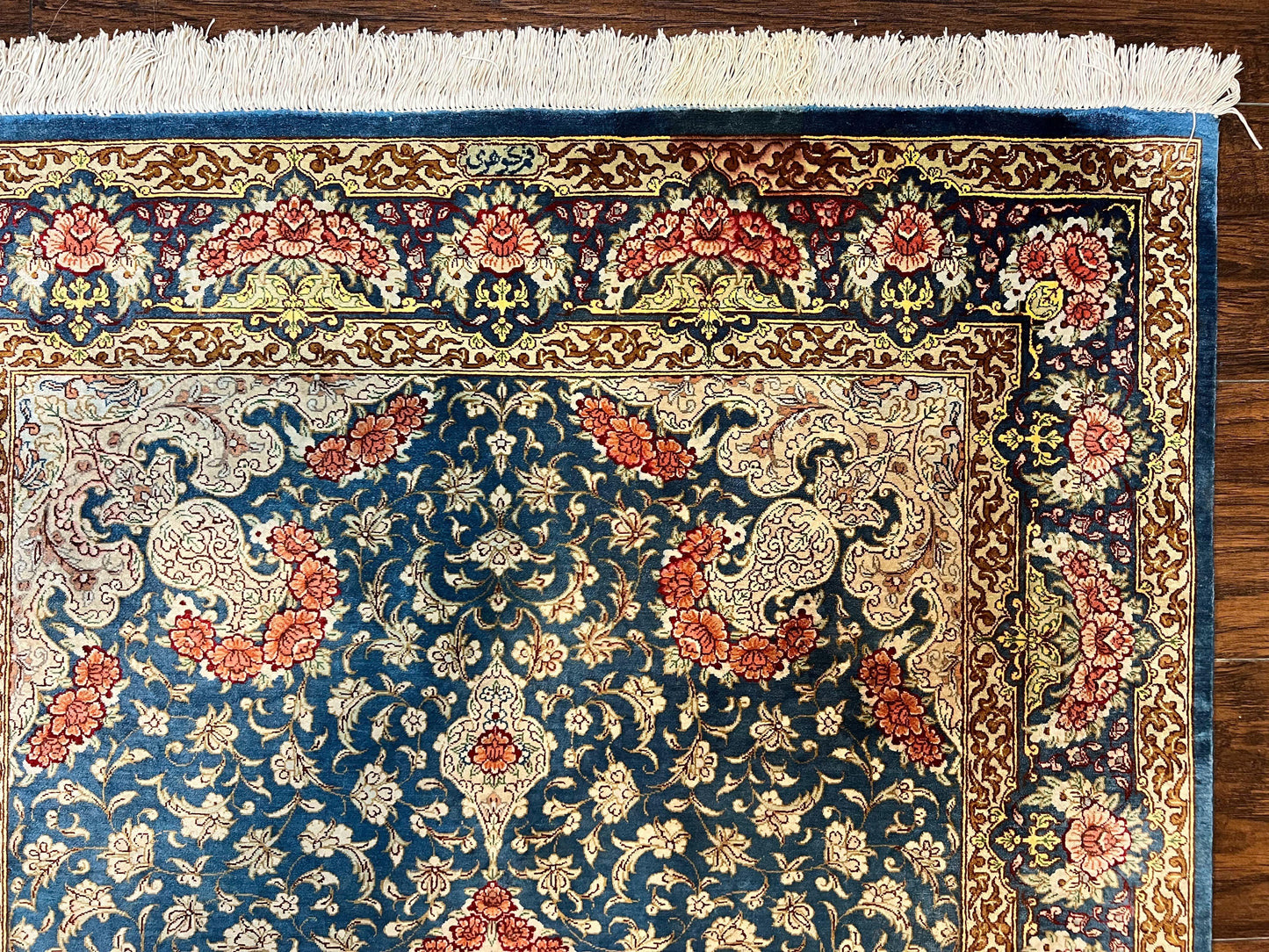 USED Magnificent Persian Qum Silk Rug 3x5, Blue, Super Fine 675 KPSI - 70 Raj, Floral Roses, Handmade Vintage Silk Carpet, Masterpiece