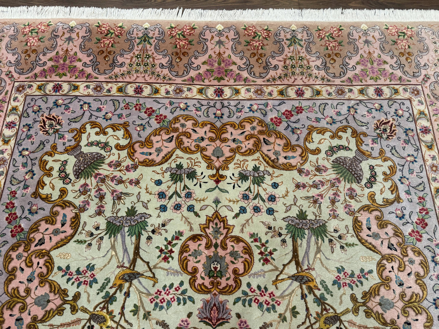 USED Wonderful Persian Tabriz Rug 7x10, Very Fine 330 KPSI, Light Green Light Blue Pink, Kork Wool Silk Foundation, Bird Pictorials