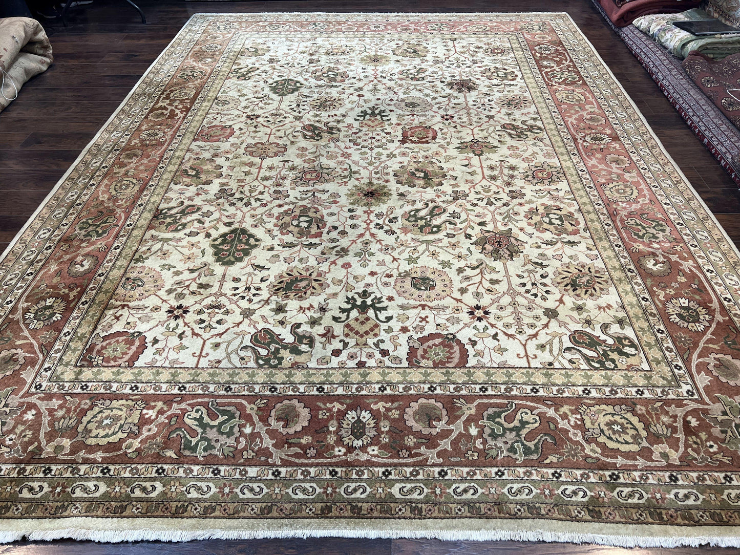 USED Large Indian Rug 10x14, Hand Knotted Indo Persian Gandehar Oriental Carpet, Vintage Wool Rug 10 x 14 ft Cream Red Floral Allover Traditional