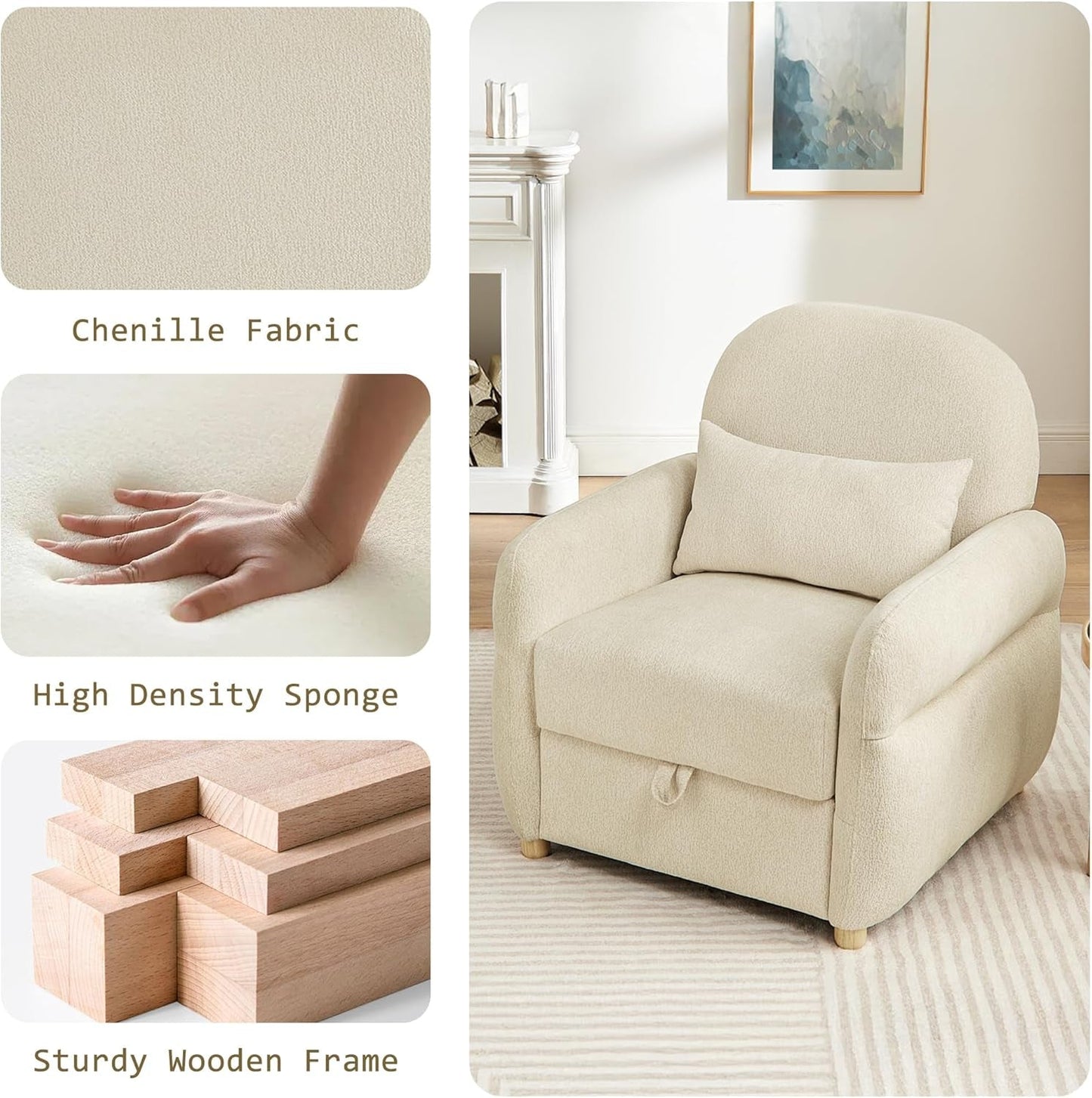 NEW Beige Contemporary Accent Chair With Generous Storage