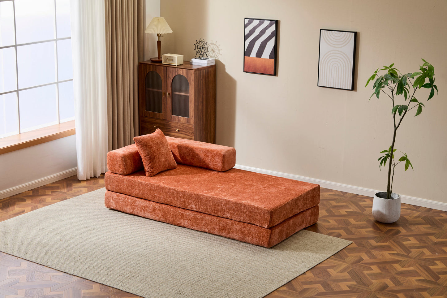 NEW Orange Chenille Fabric Comfy Futon Couch Lounge Sleeper Compression Convertible Floor Sofa Bed Couch with Pillow Back Support Armrest Bed