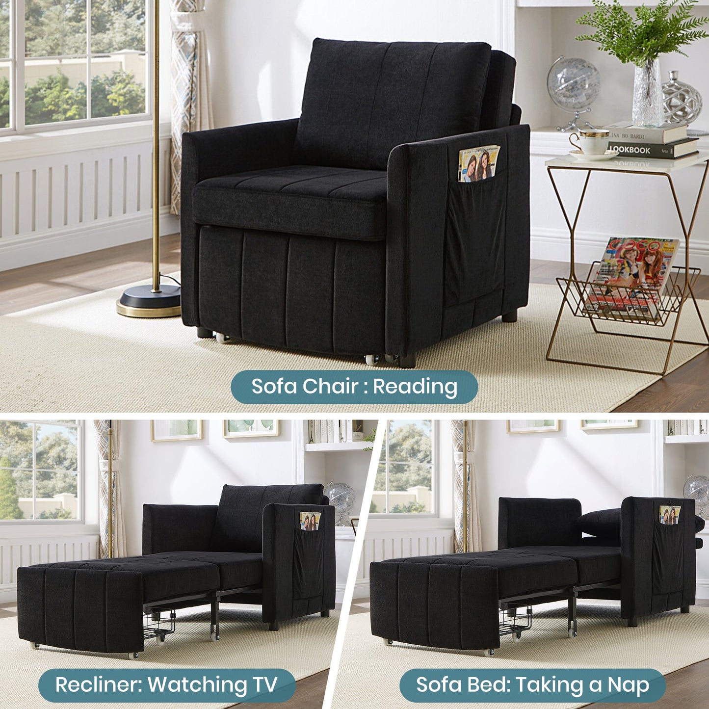 NEW Black Chenille Upholstered Convertible Sleeper Sofa with 5-Position Backrest Side Pockets Storage