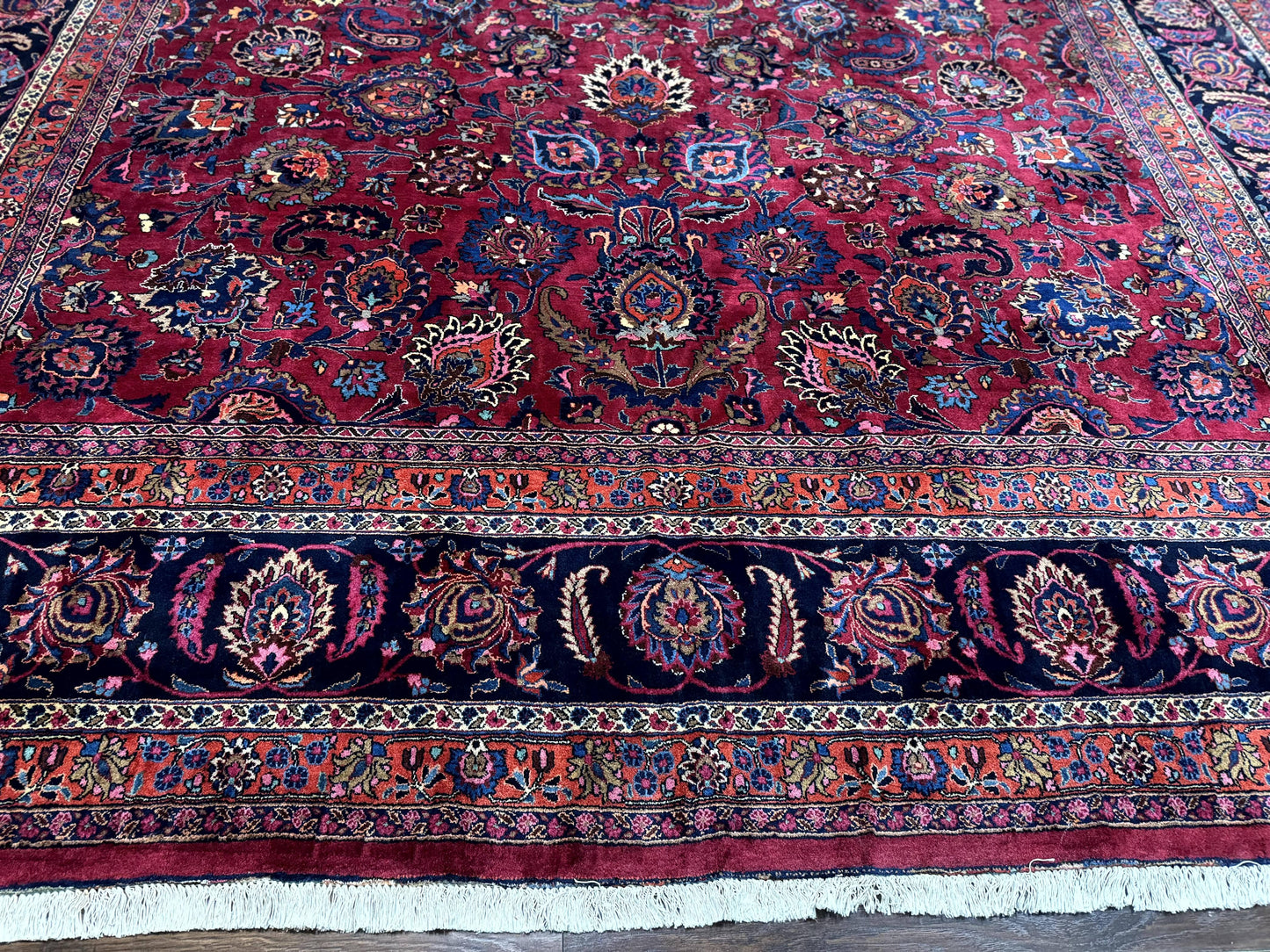 USED Palace Size Persian Mashad Rug 12x16, Raspberry and Navy Blue, Signature from Master Weaver, Antique Handmade Large Wool Carpet