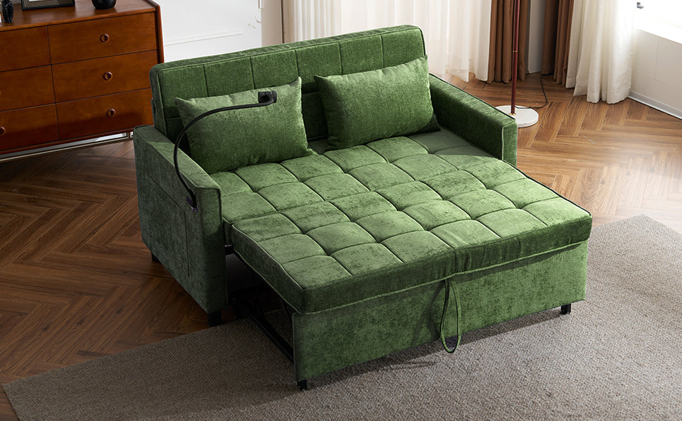 NEW 56.9' Convertible Loveseat Sofa Bed with Adjustable Backrest, USB Ports, Phone Holder, Side Pockets, Green Chenille,