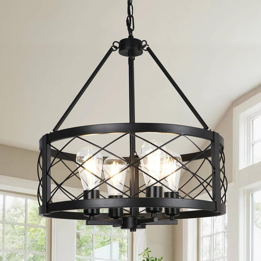 NEW Black Industrial Chandelier Four Light Drum Fixture
