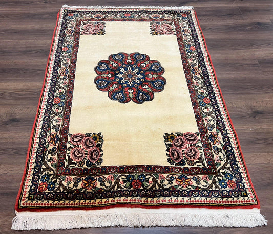 USED Persian Bidjar Rug 3x5, Open Field Medallion, Hand Knotted, Ivory/Cream Red Blue, Wool Oriental Bijar Carpet, 3 x 5 Vintage Area Rug, Floral Roses, Fine