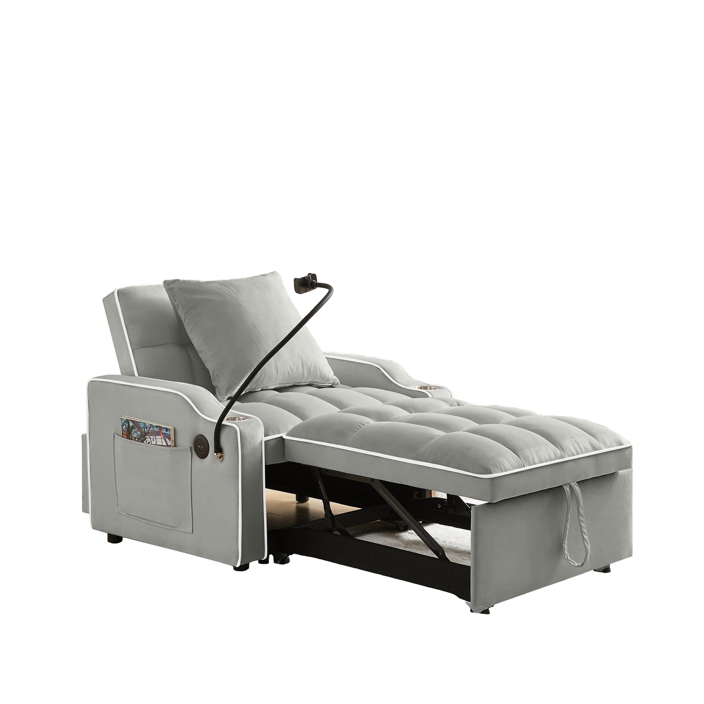 NEW 3-in-1 Grey Velvet Convertible Adjustable Pull Out Sleeper Chair Sofa Bed with Multi-Pockets