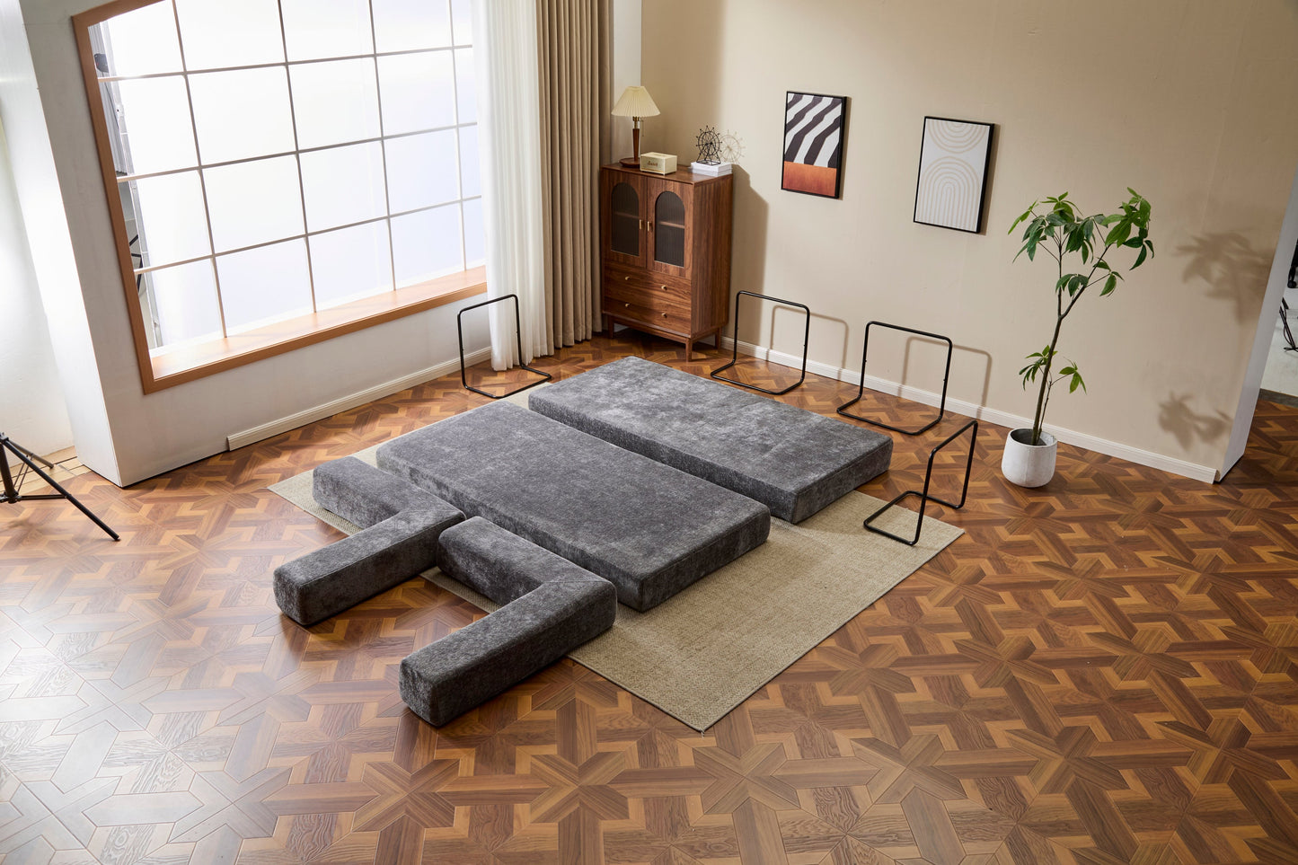 NEW Floor Couch,Compression Sofa,Convertible Floor Sofa Bed-with Pillow Back Support Armrest,Comfy Futon Couch Lounge Sleeper Bed,Chenile fabric,for Living Room Bedroom (DARK-GREY)