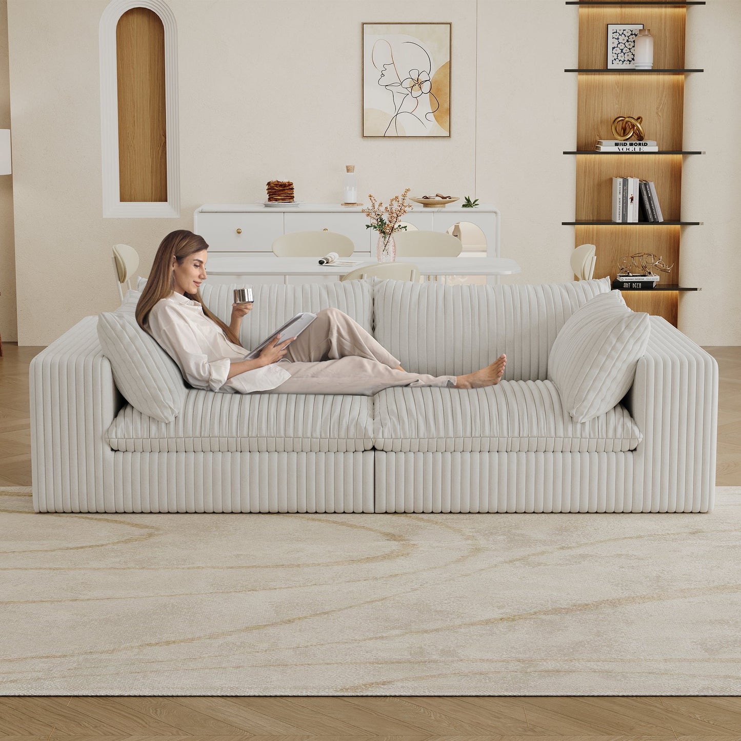 NEW 39.8' White Cloud Corduroy Fabric Deep Seat Couch Removable Cushion Sofa
