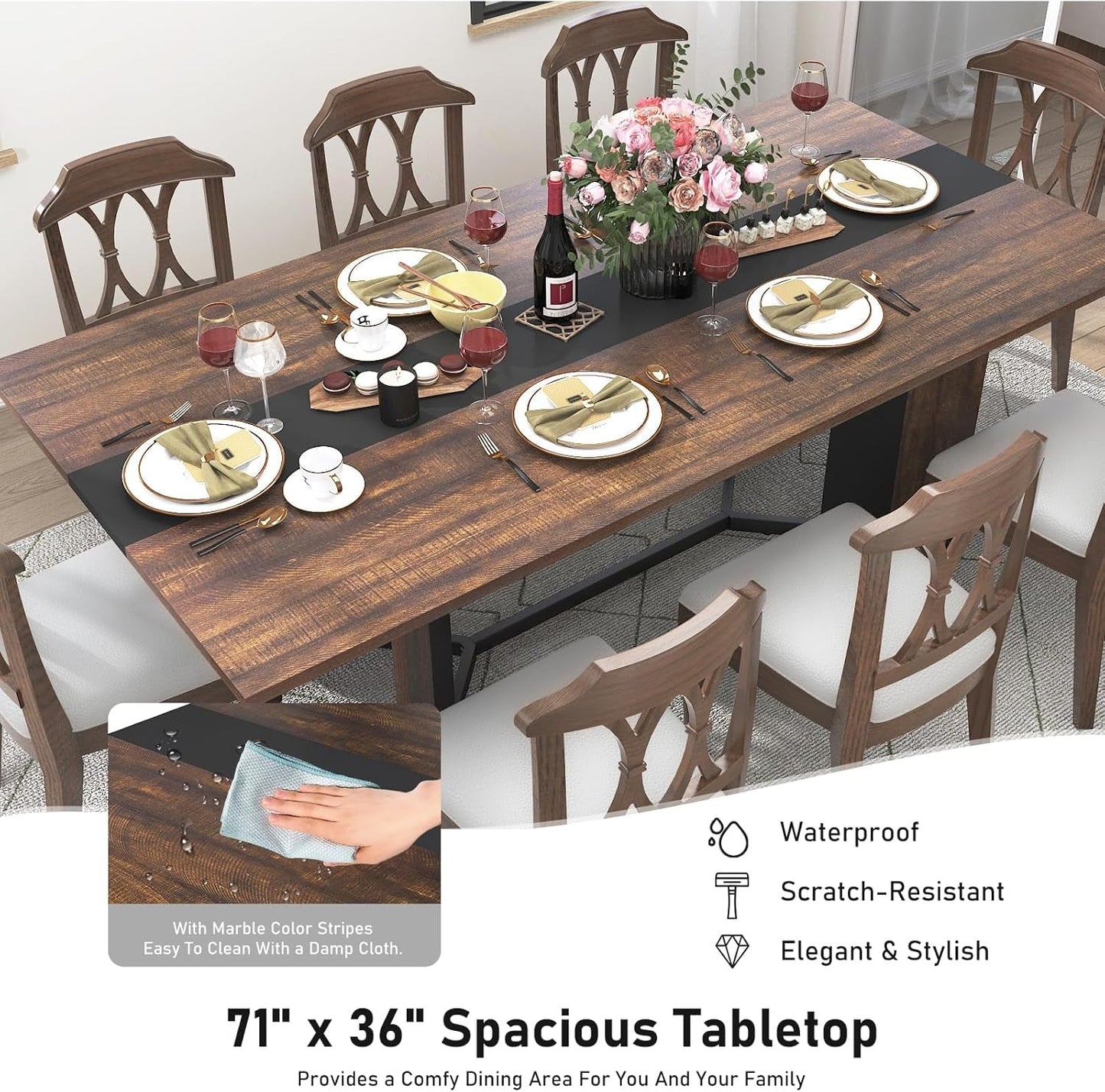 NEW 71In Large Rectangular Dining Table With Brown Tabletop