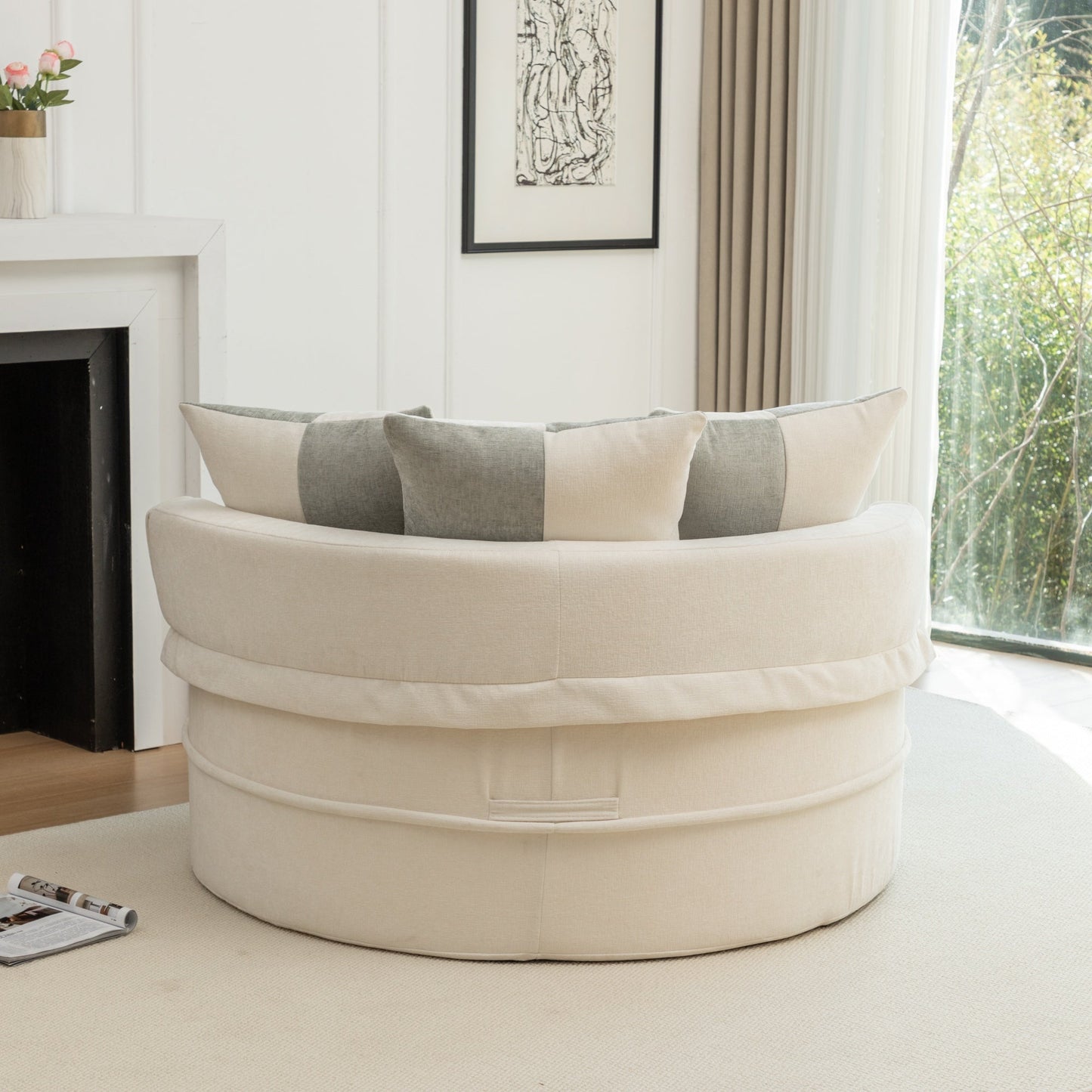 NEW Modern Oversized Beige Round Barrel Velvet Upholstered Lounge Armchair Accent Chair with Ottoman and 5 Pillows