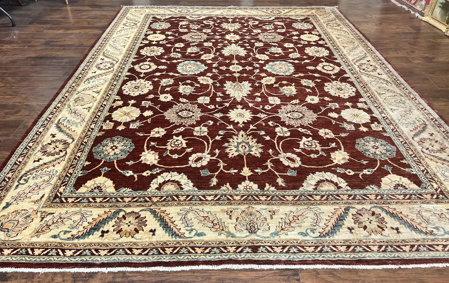 USED Peshawar Rug 9x11, Pakistani Oriental Carpet, Maroon and Beige, Floral Allover, Wool Hand Knotted Handmade Vintage Rug