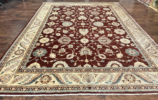 USED Peshawar Rug 9x11, Pakistani Oriental Carpet, Maroon and Beige, Floral Allover, Wool Hand Knotted Handmade Vintage Rug