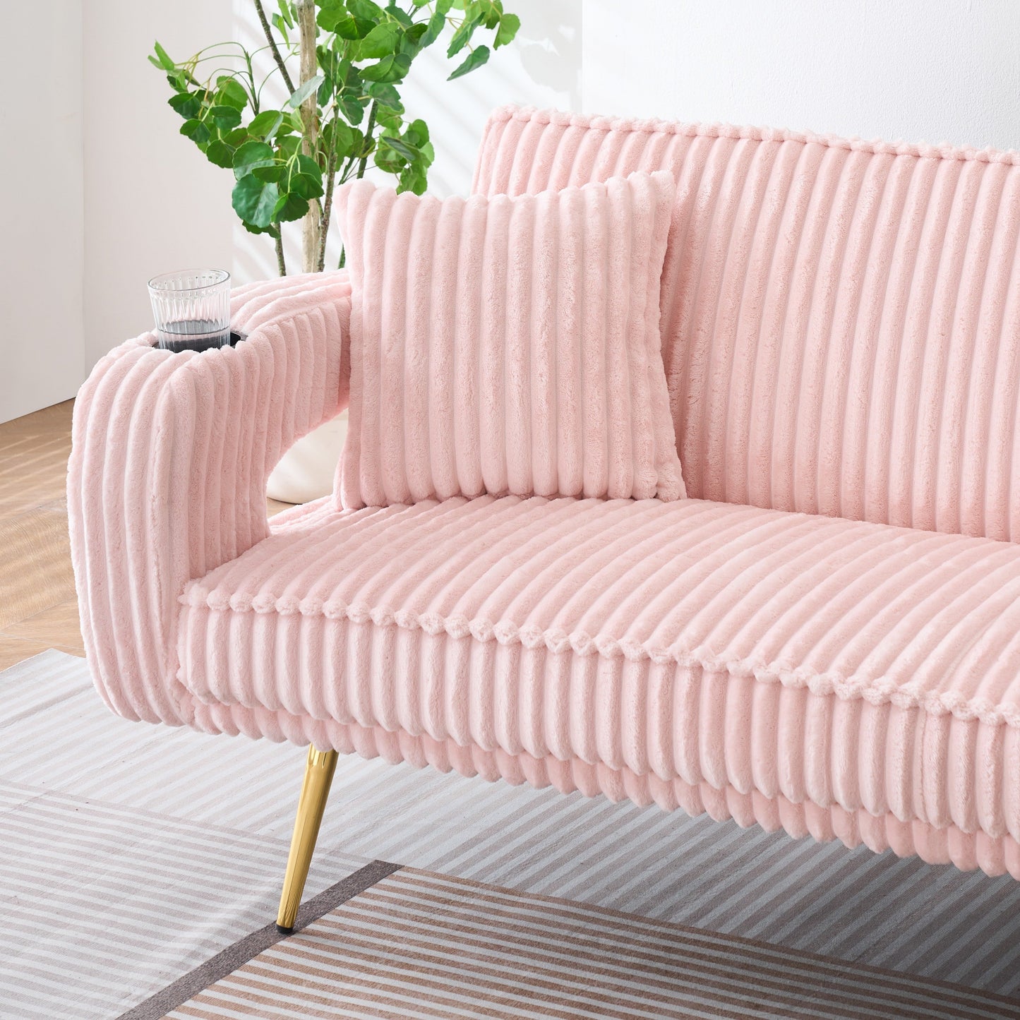 NEW 74 inch Straight Pink Corduroy Adjustable  Sofa Bed with Pillows