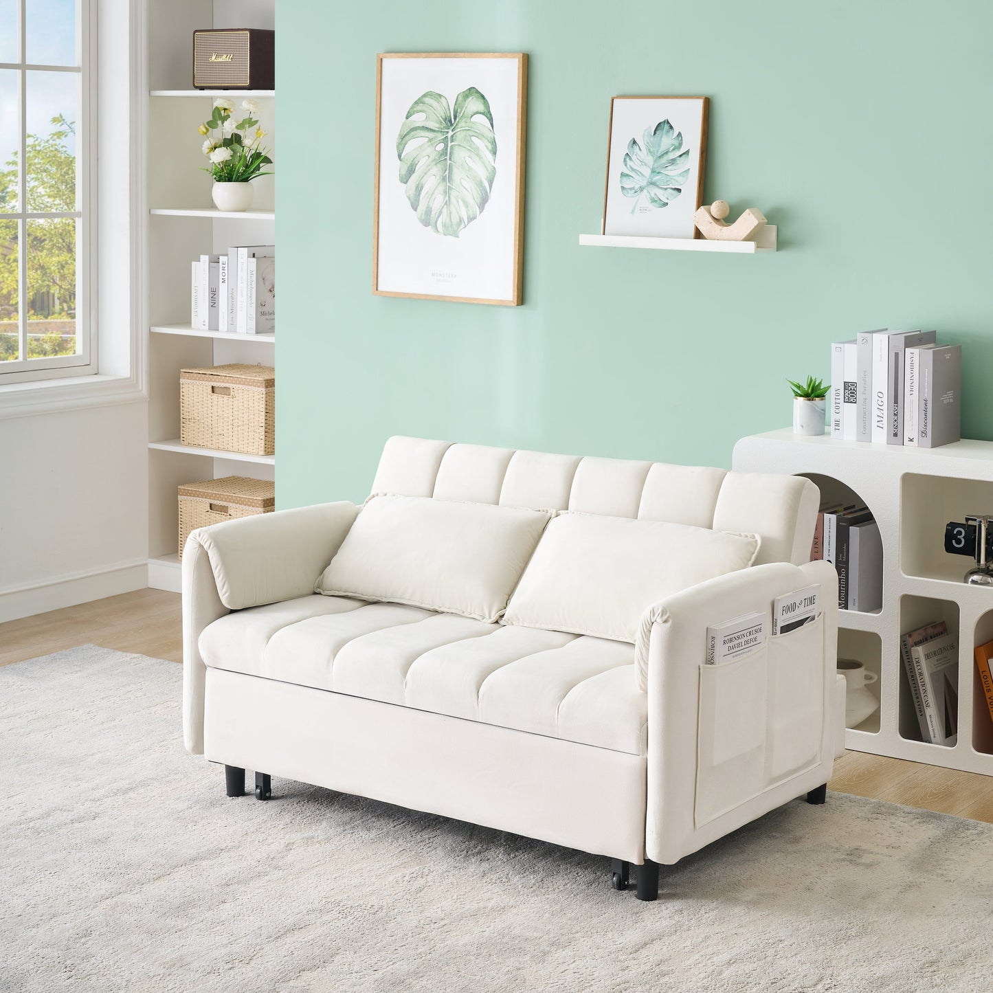 NEW 52 Beige Modern Velvet Sofa Pullout Bed Small Loveseat Casual Sofa with Pillow Pockets