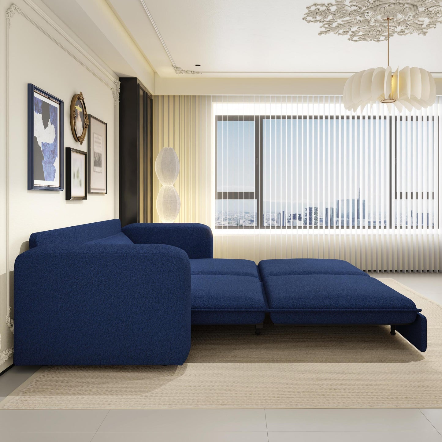 NEW 93' King Size Sleeper Sofa Bed, Pull Out Sofa Bed, 3 in 1 Convertible Sleeper Sofa, Chaise Lounge,3 Seat Teddy Couch with 2 Lumbar Pillows for Living Room, Apartment, Office, Studies,Blue