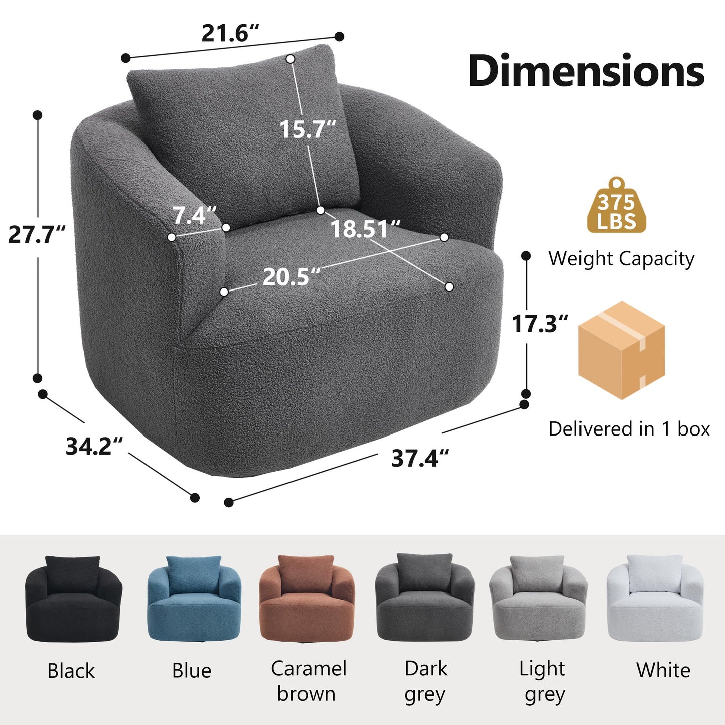 NEW 360° Swivel Round Upholstered Comfy Chair With One Soft Pillow, Teddy Fleece High-Resilience Sponge Single Sofa, No Assembly for Living Room, Bedroom, Apartment, Dark Grey.