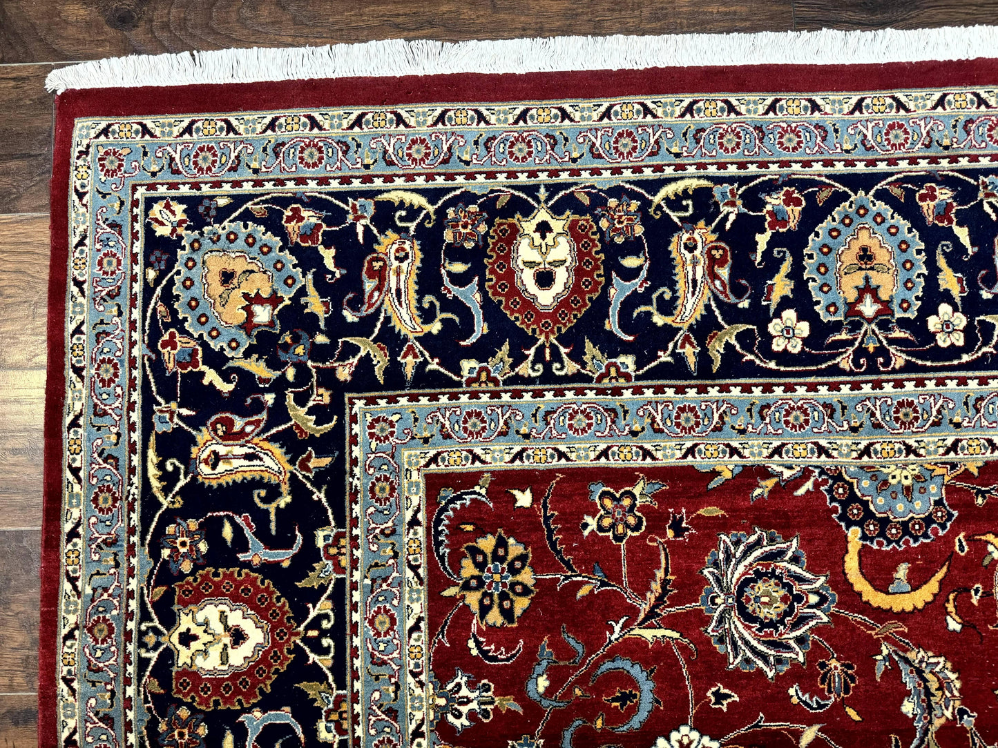 USED Pak Persian Rug 9x12, Red and Navy Blue, Floral Allover, Hand Knotted Vintage Wool Carpet, Fine 260 KPSI