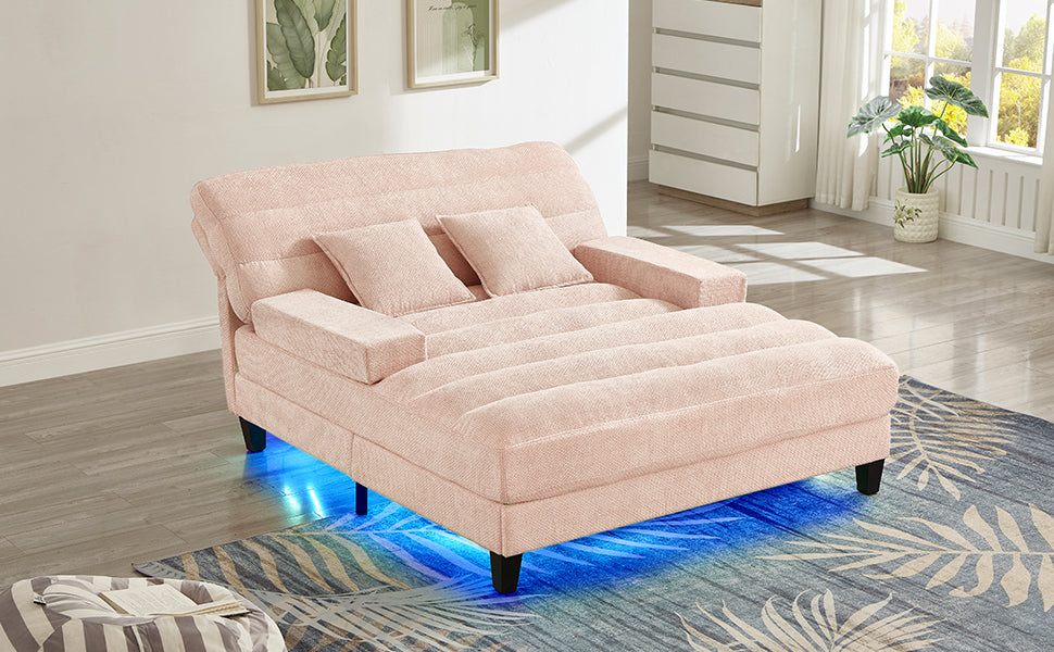 NEW Modern Pink Chenille Upholstered 57.1’ Chaise Lounge Sofa Bed with Adjustable Backrest and LED Light Strip