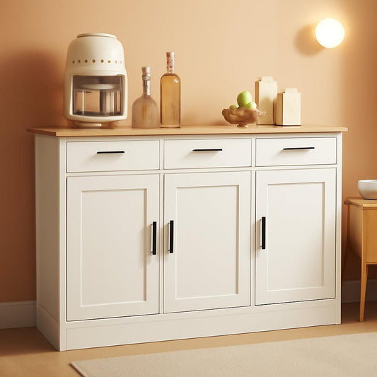 NEW White Buffet Cabinet 47W Oak Top With 3 Doors And 3 Drawers