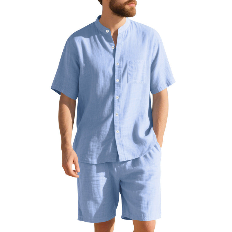 New American Linen Suit Men's Summer Two-piece Suit Henry Collar Beach
