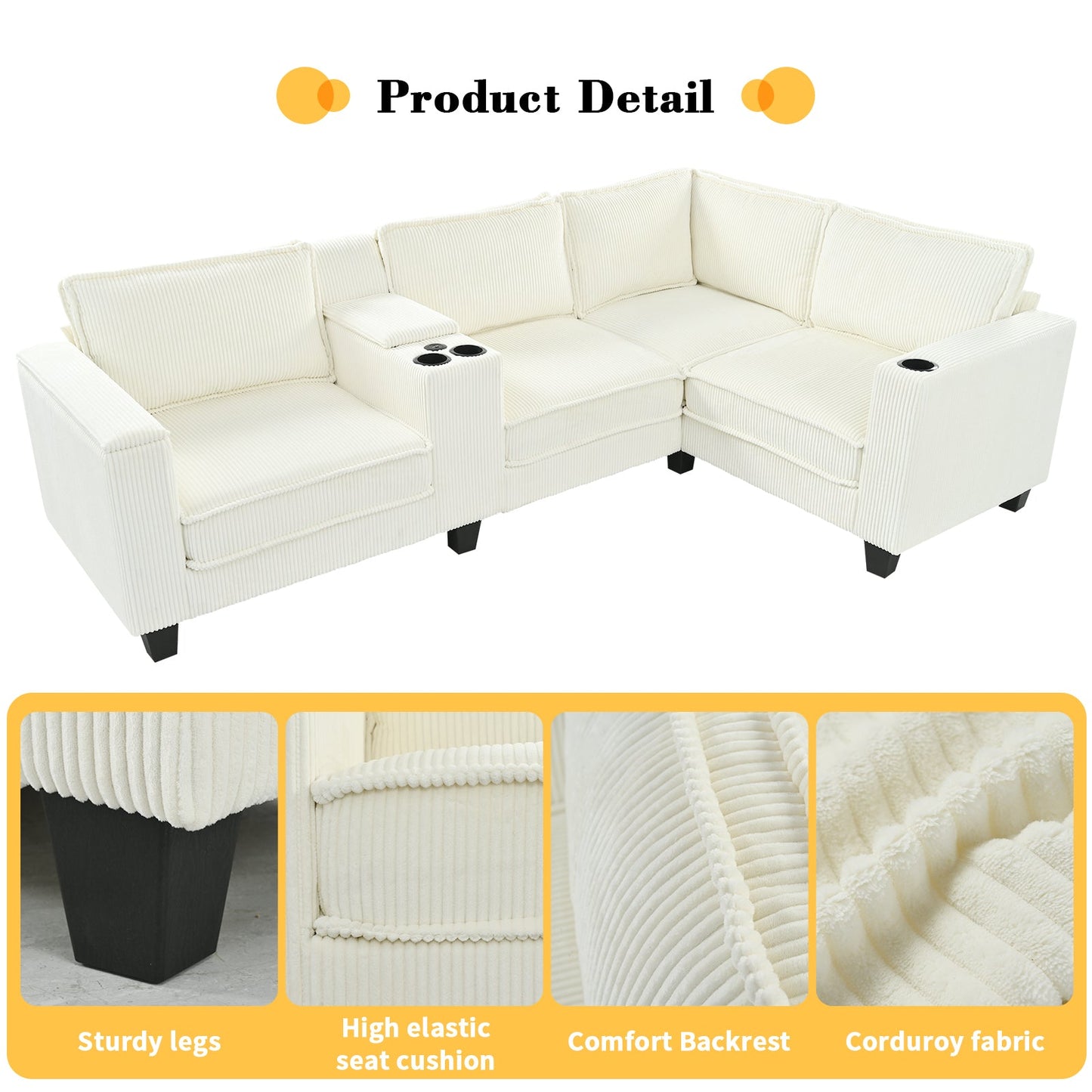 NEW L-shaped 4-Seater Corduroy Large Storage Armrest Sofa with Center Console and USB Charging