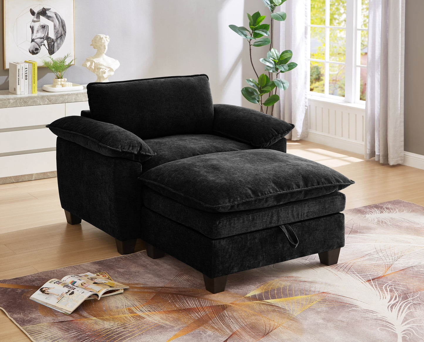 NEW 51' Oversize Chaise Lounge Chair with Ottoman and Storage  Upholstered Soft Chenille Black