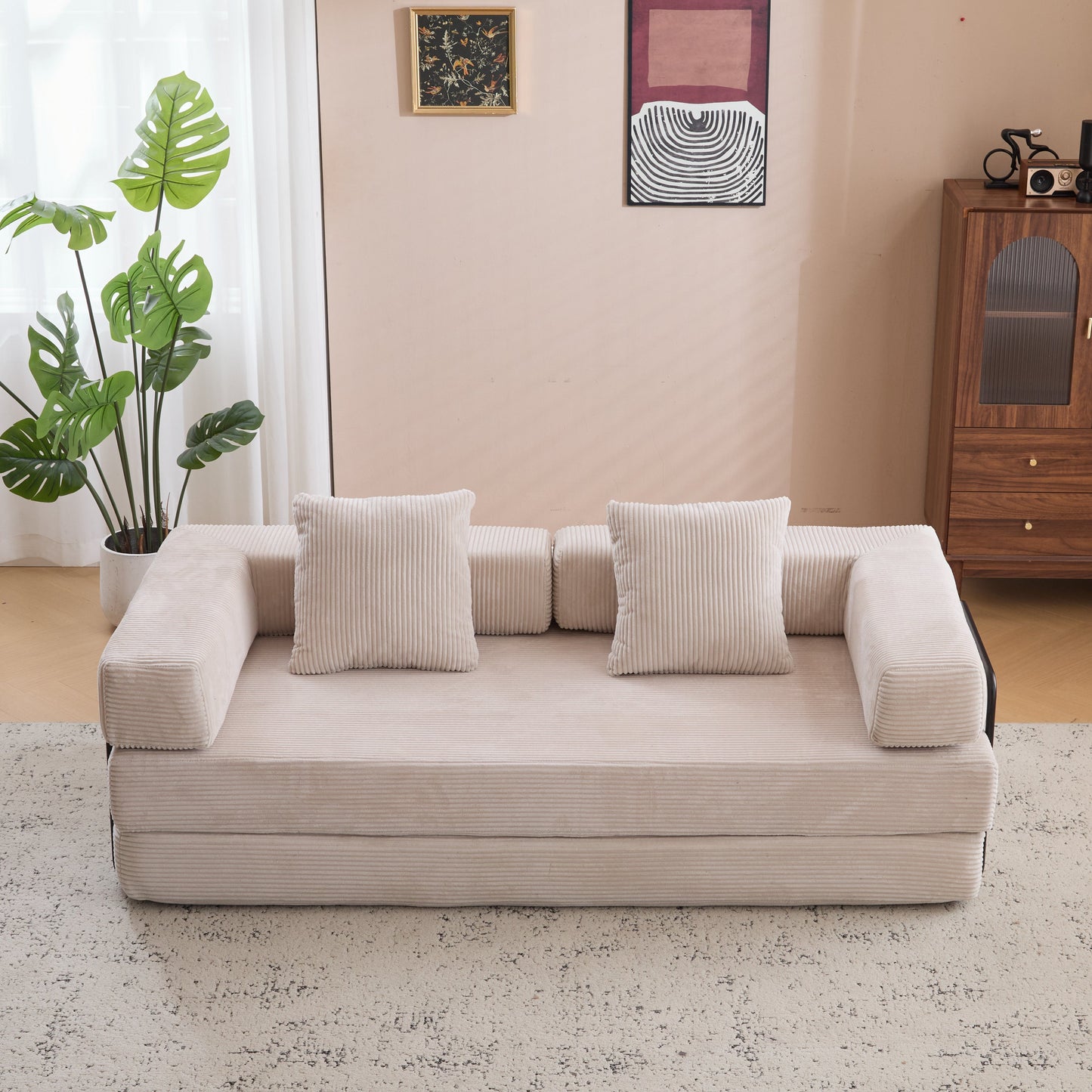 NEW Floor Compression Convertible Comfy Futon Lounge Sleeper Bed Floor Couch Sofa Bed with Pillow Back Support Armrest in Light Gray Corduroy Fabric