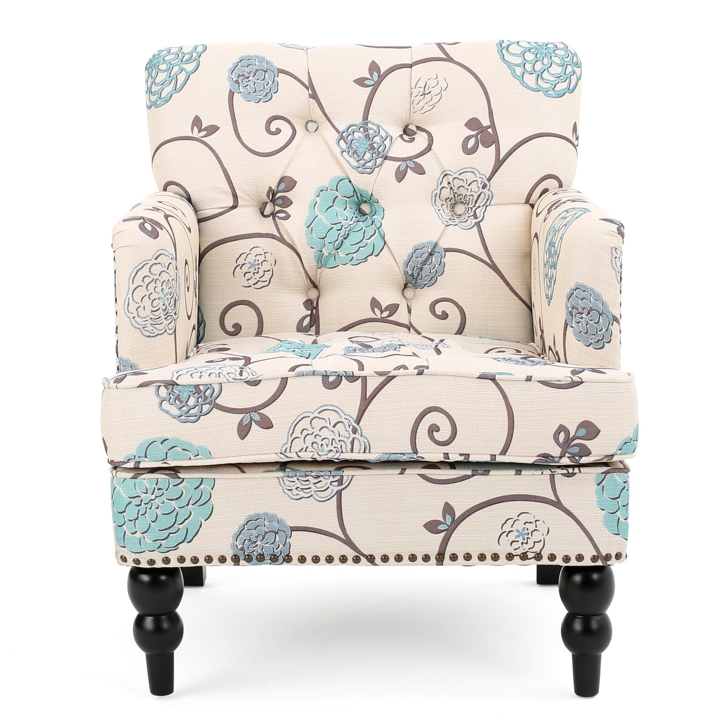 NEW Blue and White Vitality Club Chair with Button-Tufted Diamond Stitching and Turned Legs