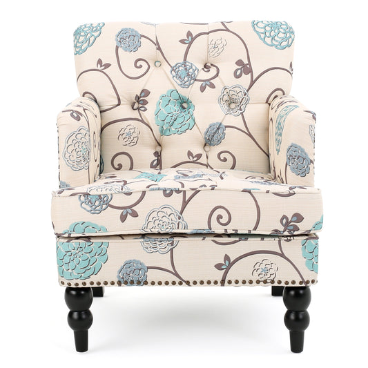 NEW Blue and White Vitality Club Chair with Button-Tufted Diamond Stitching and Turned Legs