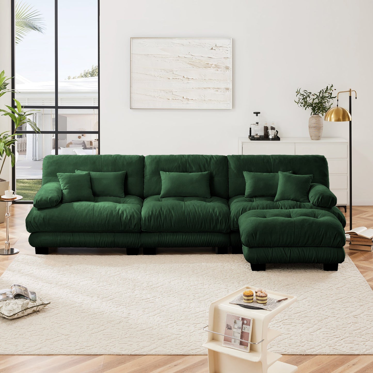 NEWn Luxury Chenille Green Oversized Modular Sectional L Shaped Cloud Deep Seat Sofa Couch with Convertible Ottoman