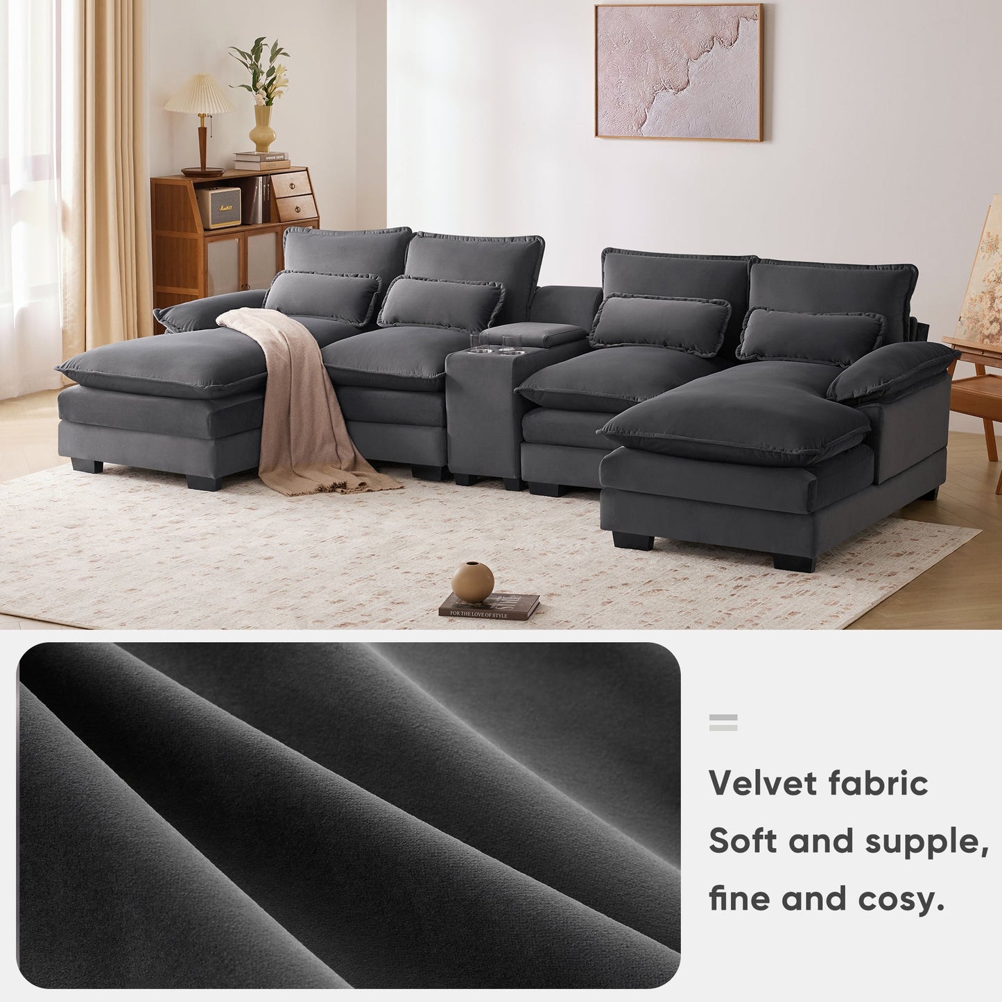 NEW Modern Gray Velvet Upholstered U-shaped 6-Seat Sofa with Console Cupholders and USB Ports