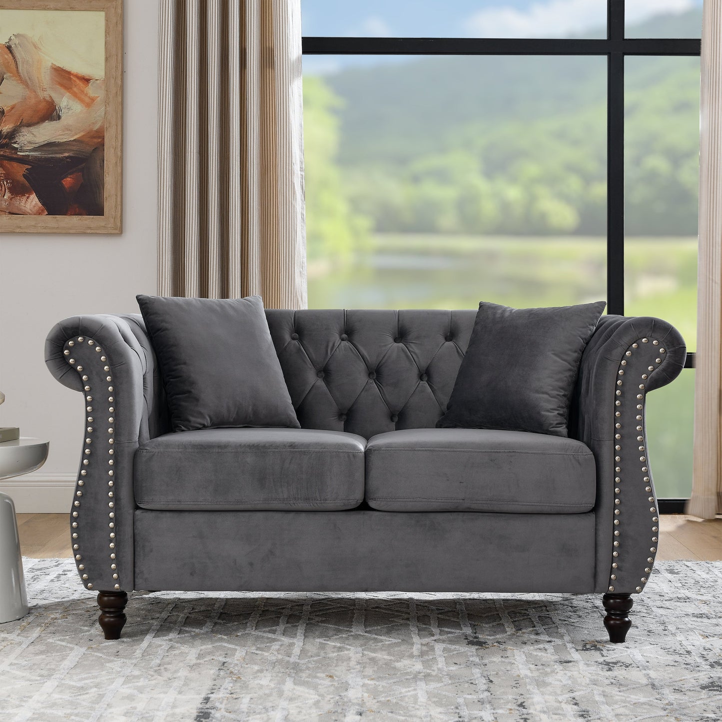 NEW 58.8' Chesterfield Sofa Grey Velvet for Living Room, 2 Seater Sofa Tufted Couch with Rolled Arms and Nailhead for Living Room, Bedroom, Office, Apartment, two pillowsW834S00069
