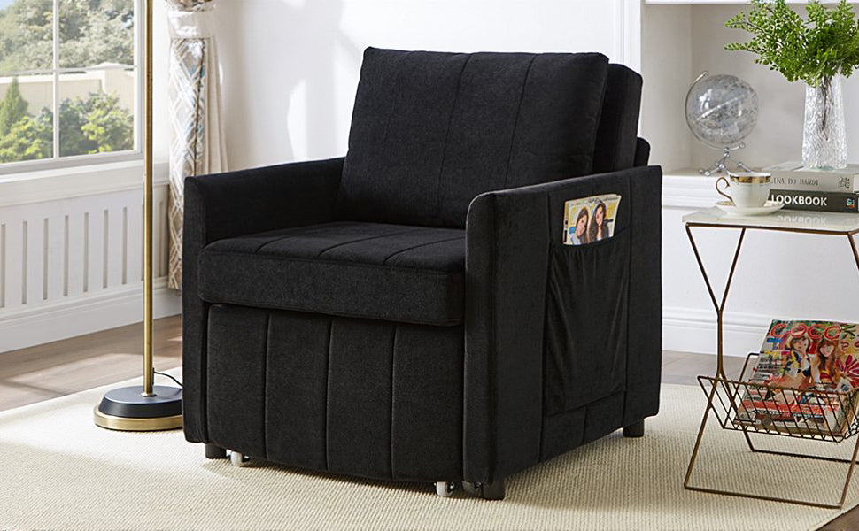NEW Black Chenille Upholstered Convertible Sleeper Sofa with 5-Position Backrest Side Pockets Storage