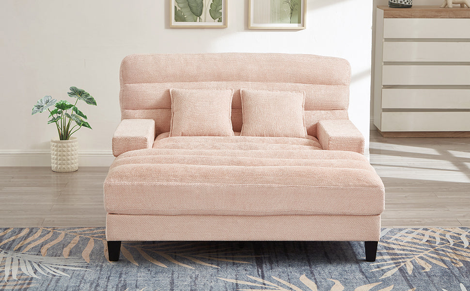 NEW Modern Pink Chenille Upholstered 57.1’ Chaise Lounge Sofa Bed with Adjustable Backrest and LED Light Strip