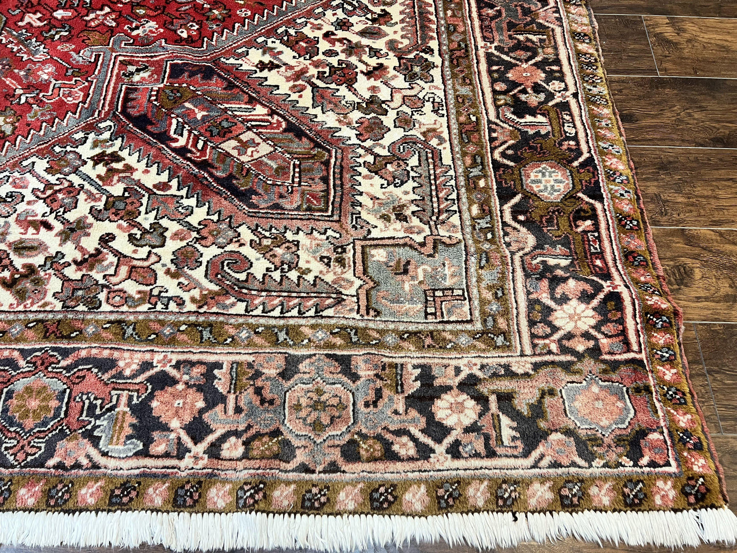 USED Large Persian Heriz Rug 10x13, Wool Hand Knotted Antique Carpet, Red and Ivory, Geometric Tribal Room Sized Rug, Decorative Oriental Rug
