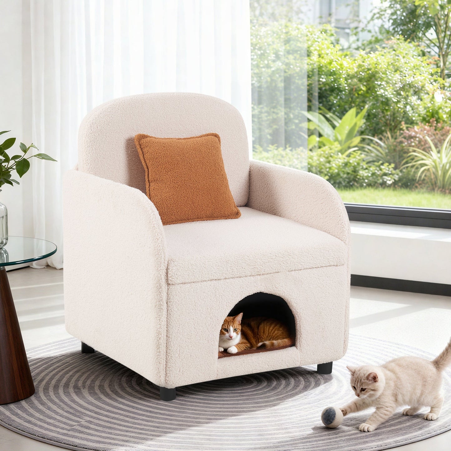NEW Furniture Style 2 in 1 Pet Friendly  Fluffy Fabric Sherpa Upholstered Leisure Armchair with Lumbar Pillow for Living Room Bedroom Home and Office, Cream White